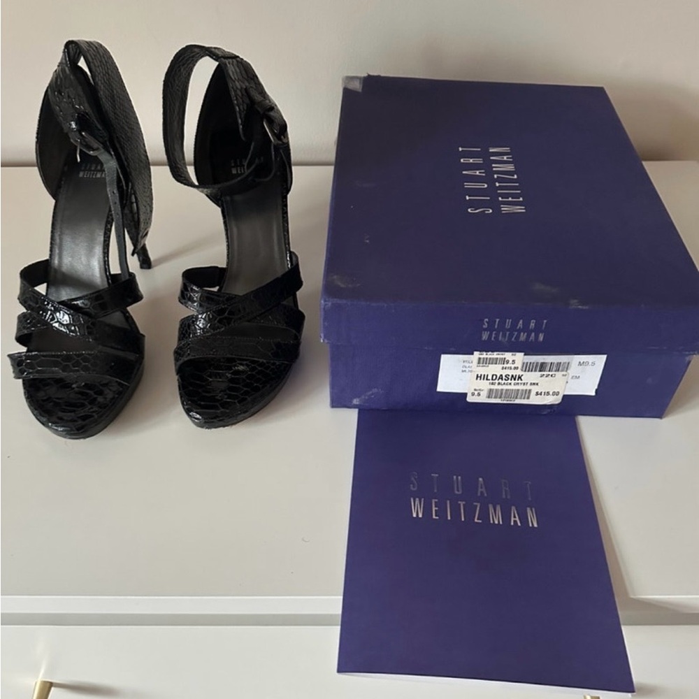 Stuart Weitzman Black Snake-Embossed Strappy Platform Heels